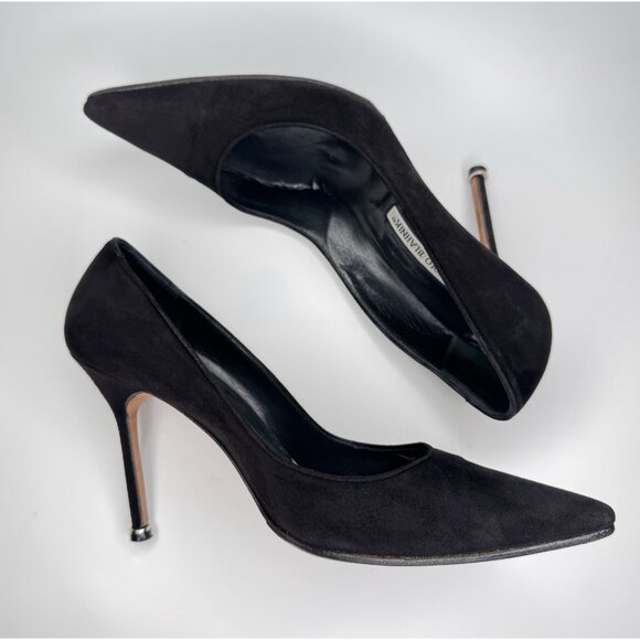 Manolo Blahnik Bipunta Size 39,5 Black Suede Leather Pumps Silver Heel Detail - Picture 9 of 11